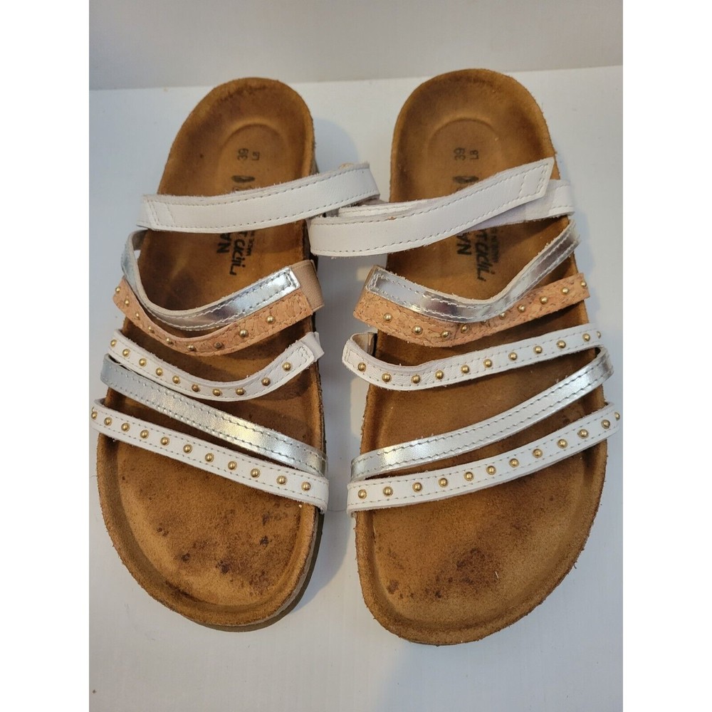 Naot Prescott Leather Slide Sandals Gold Slive women Sz 39 US 8/8.5 strappy stud